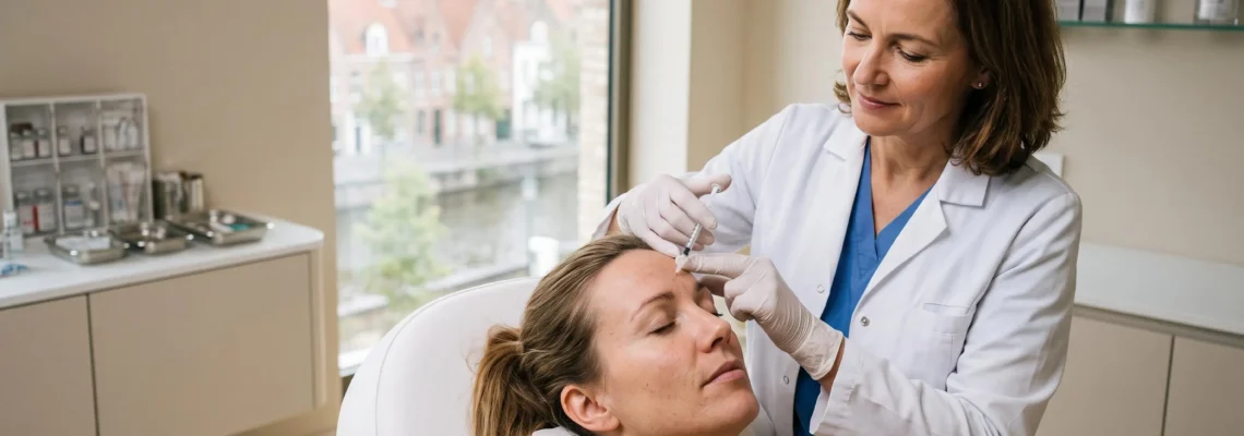 Arts injecte botox in het voorhoofd van een patiënte in een moderne kliniek.