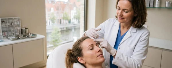 Arts injecte botox in het voorhoofd van een patiënte in een moderne kliniek.