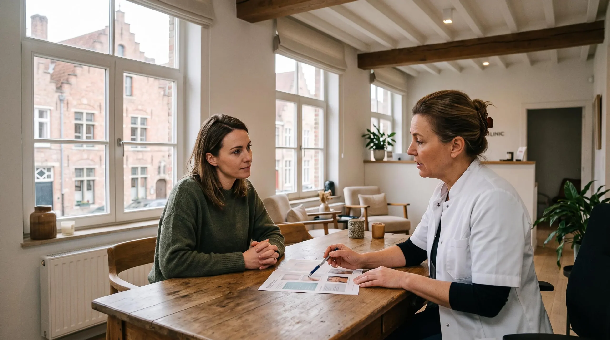 Patiënte bespreekt haar botoxbehandeling met een arts in een consultatiekamer.